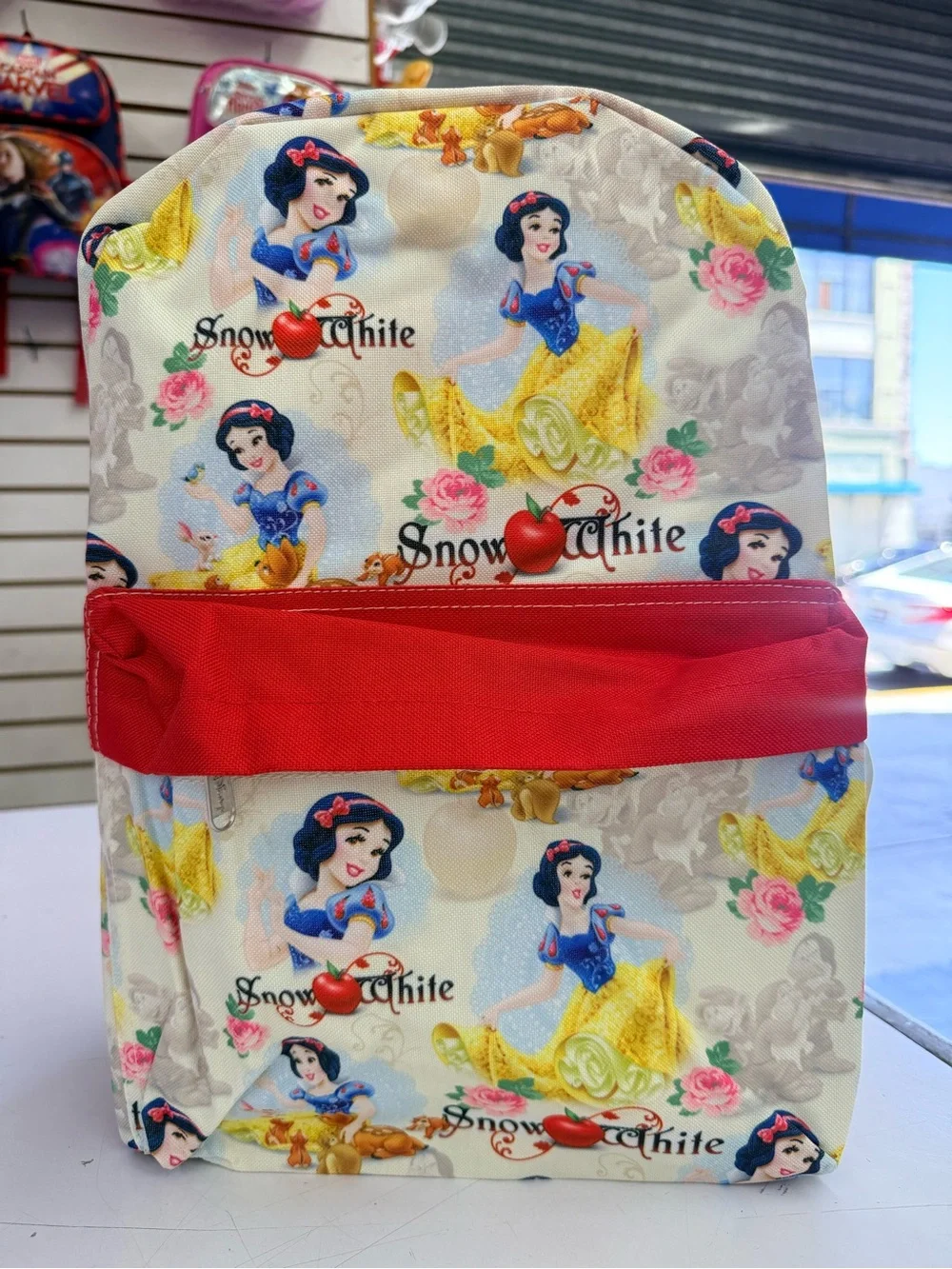 Snow White Print Girls Backpack with Red Accent